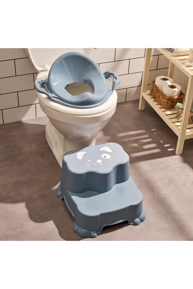 Kaydırmaz Çift Basamaklı Çocuk Taburesi Ve Kulplu Klozet Tuvalet Alıştırma 2'li Set Mavi 10 Top - Resim 2