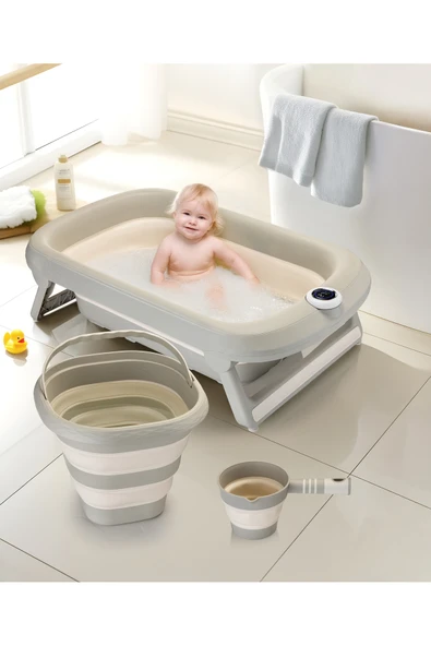 Yeni Termometreli Katlanır Bebek Küveti 45 Lt. 3 Lü Set Bej ürün görseli 1