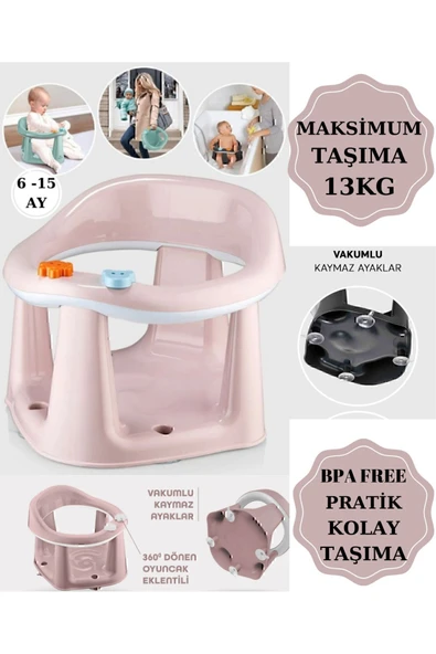 Bebek Banyo Oturağı - Vakum Tabanlı Bebek Mama Oturağı - Bel Destekli Vakumlu Mama, Pudra 10 Top - Resim 5