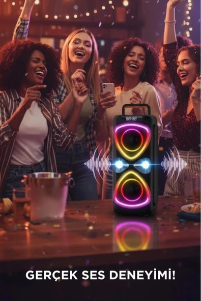 Bluetooh Hoparlör Kablolu Mikrofonlu Kumandali Radyolu Led Işıklı Parti Speaker D78 - Resim 6