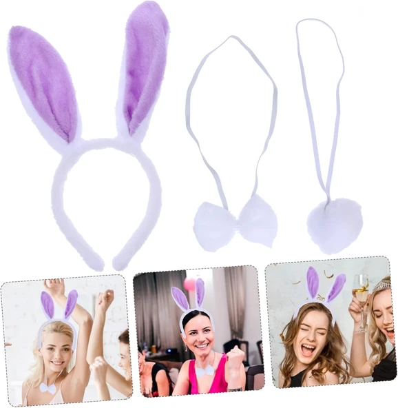 Lila Mor Tavşan Kulak Papyon Kuyruk 3'lü Parti Seti - Resim 3