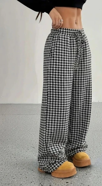 MDB Kadın Yüksek Bel Lastikli Bağcıklı Geniş Kesim Kazayağı Dalgıç Pantolon ürün görseli 1