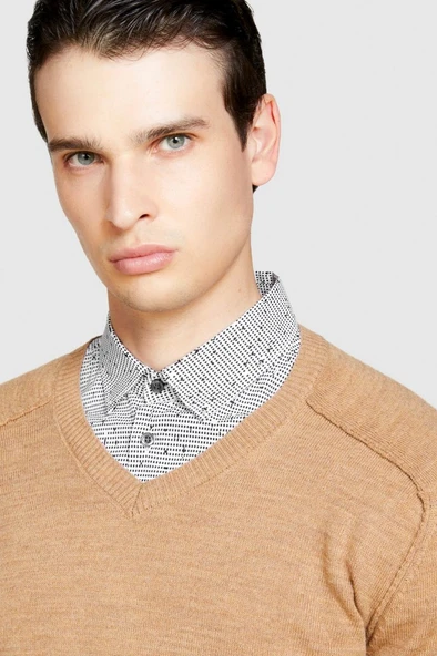 Yün Karışımlı V Yaka Kazak Erkek Yeşil Kazak - 323A107GS102O - Resim 9