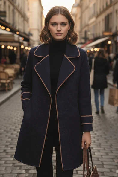 Özel Tasarım Kaşe Kadın Şık Yaka Kaban ve Kemer - Resim 3