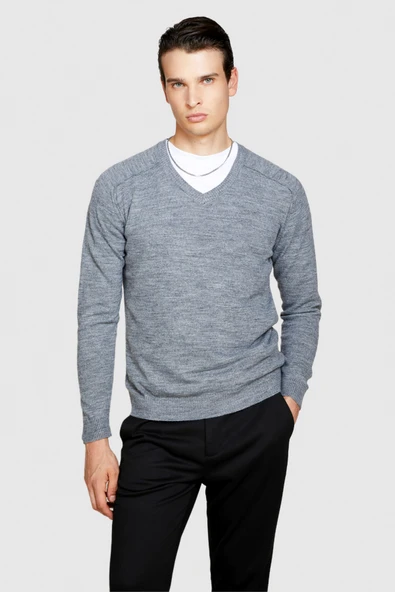 Yün Karışımlı V Yaka Kazak Erkek Siyah Kazak - 323A107GS102O - Resim 12