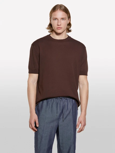 %100 Pamuk Ribana Detaylı Kısa Kollu Kazak Erkek kahverengi Kazak - 325P1028S104G ürün görseli 1