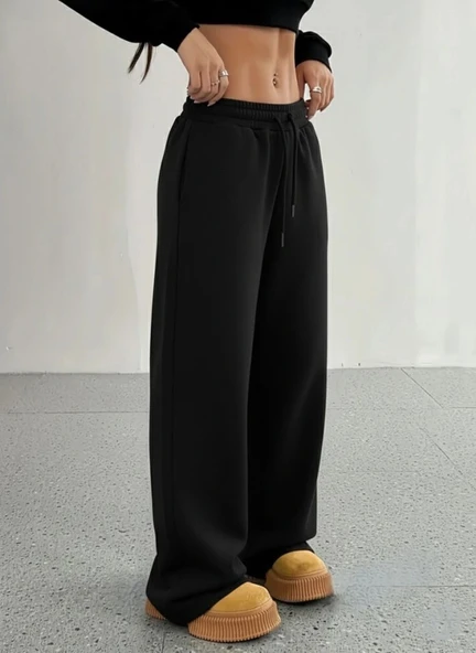 MDB Kadın Yüksek Bel Lastikli Bağcıklı Geniş Kesim Dalgıç Pantolon ürün görseli 1