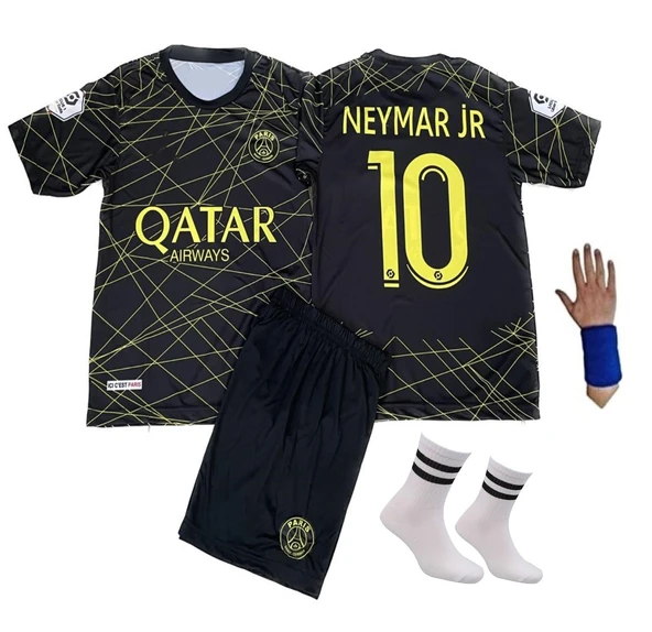 Psg Neymar JR Gold-Çizgili 4 Lü Set Çocuk Futbol Forması Forma+Şort (çorap+bileklik) hediye ürün görseli 1