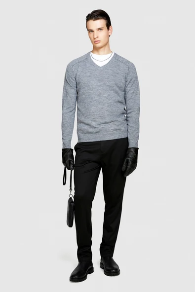 Yün Karışımlı V Yaka Kazak Erkek Siyah Kazak - 323A107GS102O - Resim 3