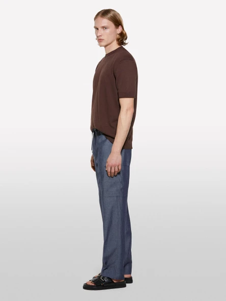 %100 Pamuk Ribana Detaylı Kısa Kollu Kazak Erkek kahverengi Kazak - 325P1028S104G - Resim 5