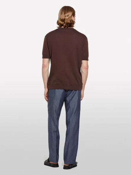 %100 Pamuk Ribana Detaylı Kısa Kollu Kazak Erkek kahverengi Kazak - 325P1028S104G - Resim 3