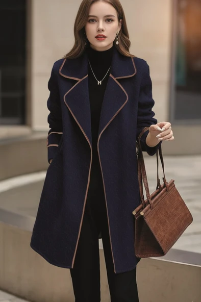 Özel Tasarım Kaşe Kadın Şık Yaka Kaban ve Kemer - Resim 4