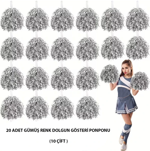 10 Çift ( 20 Adet ) Gümüş Renk 23 Nisan 19 Mayıs 29 Ekim Okul Gösteri Ponponları ürün görseli 1