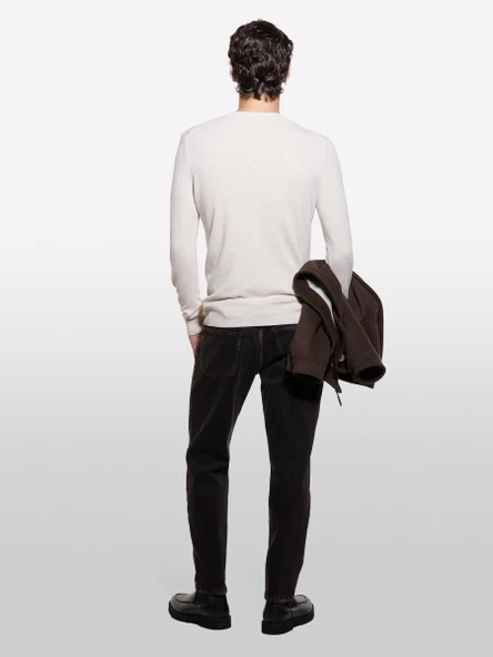 Sisley   Kaşmir Karışımlı Bisiklet Yaka Kazak Erkek Krem Kazak - 324A102HS1B17 - Resim 2