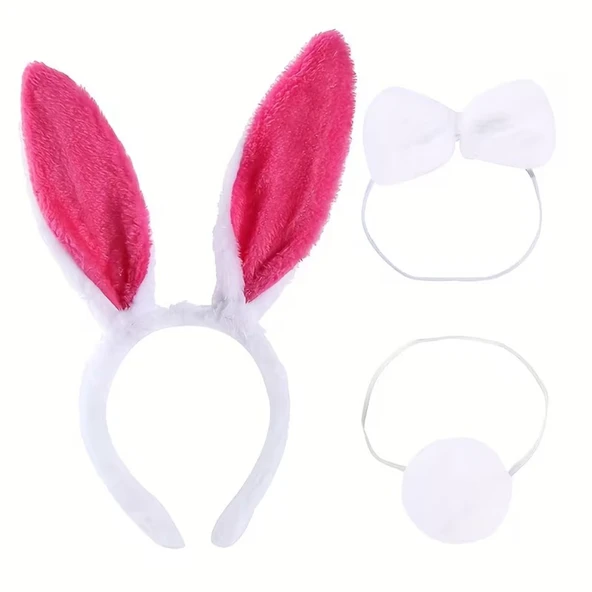 Fuşya Pembe Tavşan Kulak Papyon Kuyruk 3'lü Parti Seti ürün görseli 1