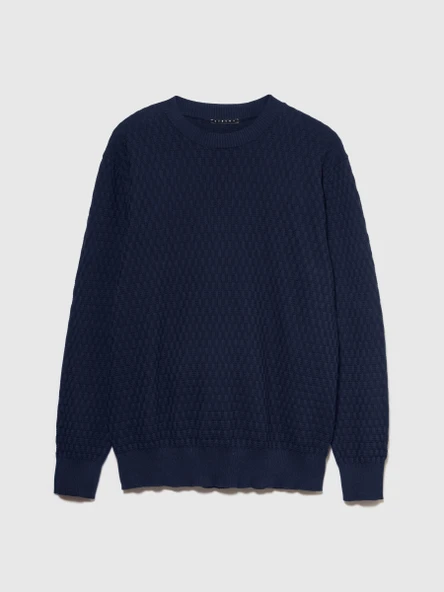 Sisley   %100 Pamuk Dokulu Bisiklet Yaka Kazak Erkek Lacivert Kazak - 324P1098S1033 - Resim 6