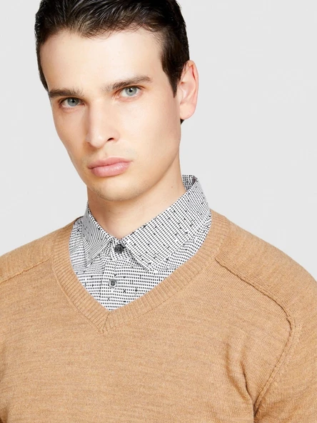 Yün Karışımlı V Yaka Kazak Erkek Yeşil Kazak - 323A107GS102O - Resim 2