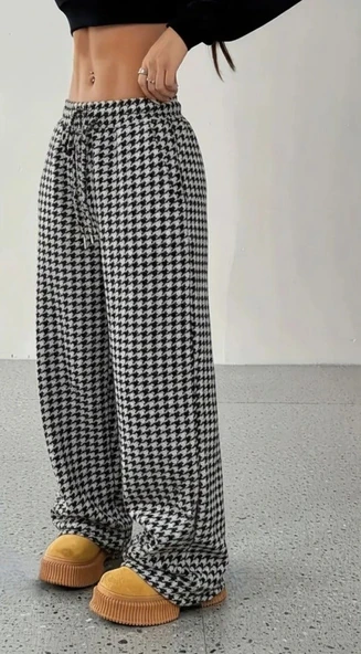 MDB Kadın Yüksek Bel Lastikli Bağcıklı Geniş Kesim Kazayağı Dalgıç Pantolon - Resim 3