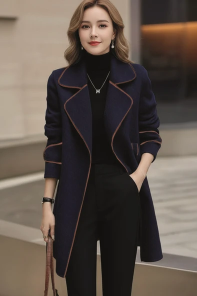 Özel Tasarım Kaşe Kadın Şık Yaka Kaban ve Kemer ürün görseli 1