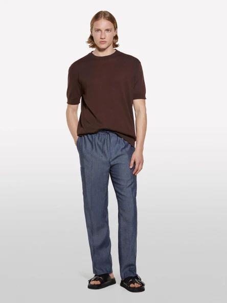 %100 Pamuk Ribana Detaylı Kısa Kollu Kazak Erkek kahverengi Kazak - 325P1028S104G - Resim 2