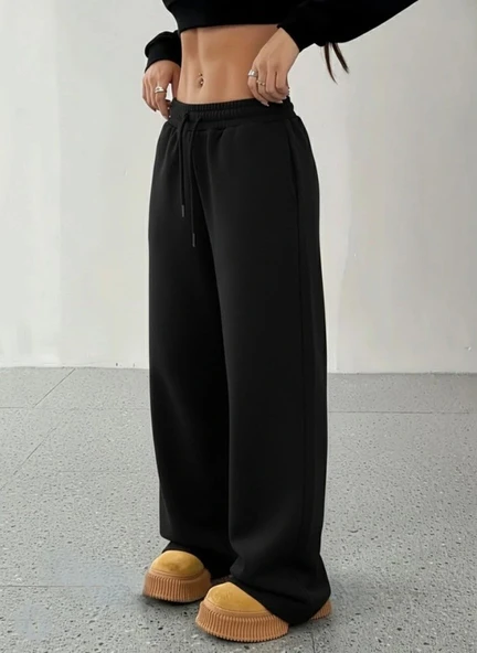 MDB Kadın Yüksek Bel Lastikli Bağcıklı Geniş Kesim Dalgıç Pantolon - Resim 3