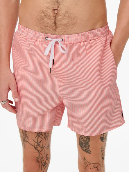 Only & Sons   ONSTED STRIPE SEERSUCKER SWIM NOOS Erkek Kırmızı Deniz Şortu - 22021841 - Resim 6