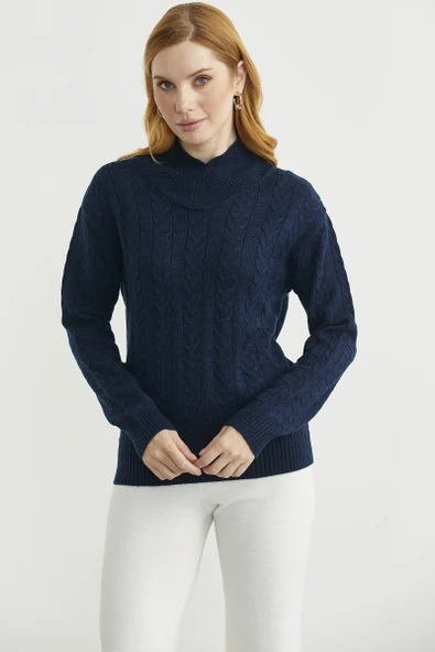 Dik Yaka Motifli Yünlü Triko Kazak - Lacivert - Resim 2