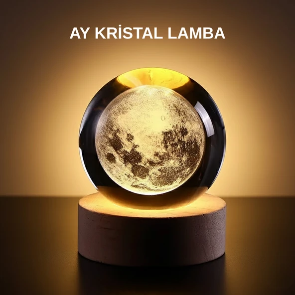 Ay Figürlü 3D Kristal Küre LED Gece Lambası Ahşap Standlı Dekoratif Lamba ürün görseli 1