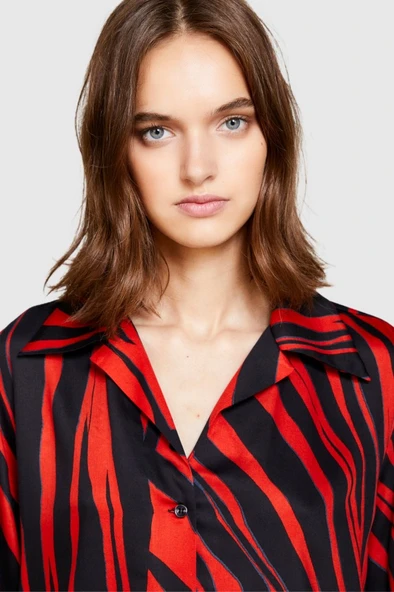 %100 Viskoz Desenli Gömlek V Yaka Saten Gömlek Kadın Siyah Gömlek - 323A53CRLQ05U - Resim 9