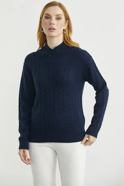 Dik Yaka Motifli Yünlü Triko Kazak - Lacivert ürün görseli 1