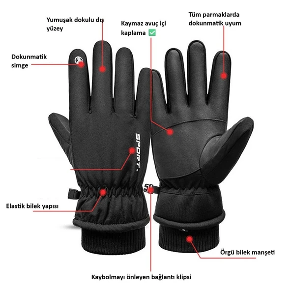 Su Geçirmez Kış Eldiveni 10 Parmak Dokunmatik, Kaymaz Avuç İçi, Soğuk Rüzgar Geçirmez Kayak Motosiklet Eldiveni Erkek Kadın - Resim 7