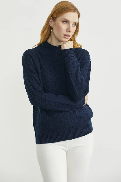 Dik Yaka Motifli Yünlü Triko Kazak - Lacivert - Resim 4