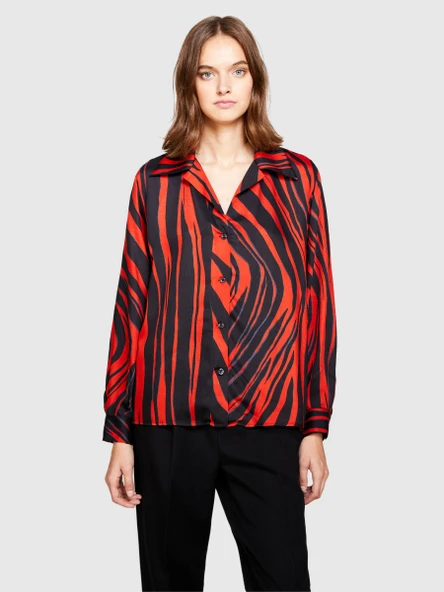 %100 Viskoz Desenli Gömlek V Yaka Saten Gömlek Kadın Siyah Gömlek - 323A53CRLQ05U - Resim 4