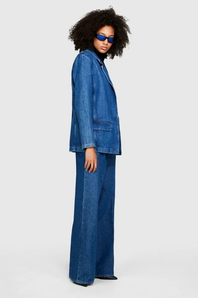 %100 Koton Maskülen Kesim Denim Ceket Kadın Renkli Mont - 323A2V8JLW01F - Resim 4