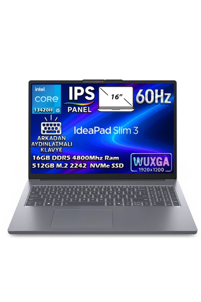 IdeaPad Slim 3 16IRH10 Intel Core i5-13420H 16GB 512GB SSD 16  WUXGA IPS Freedos Laptop 83K20073TR ürün görseli 1