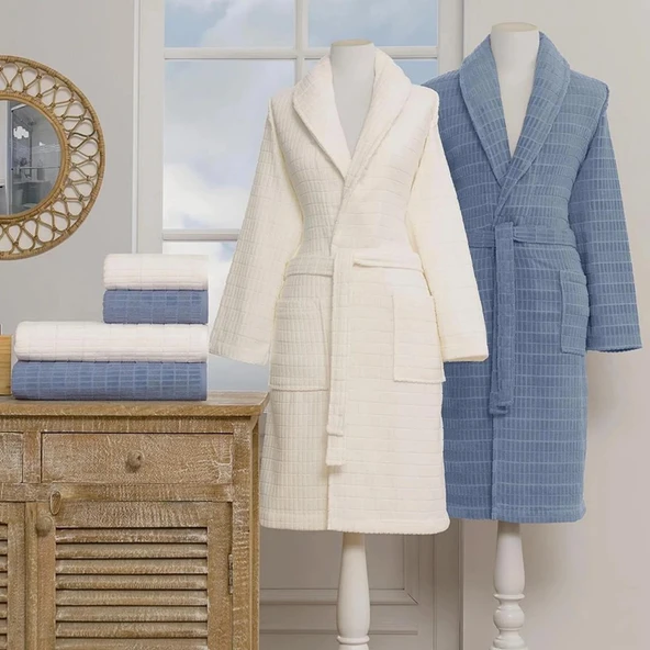 Özdilek Land Kadife Pamuklu 6 Parça Aile Bornoz Seti Krem - İndigo ürün görseli 1