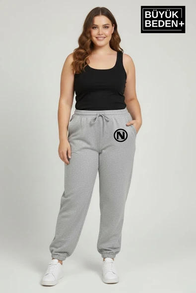 Kadın Büyük Beden N Logolu Paça Lastikli Rahat Kesim Jogger İnce Eşofman Altı SPR26BEAK951-4 - Resim 8