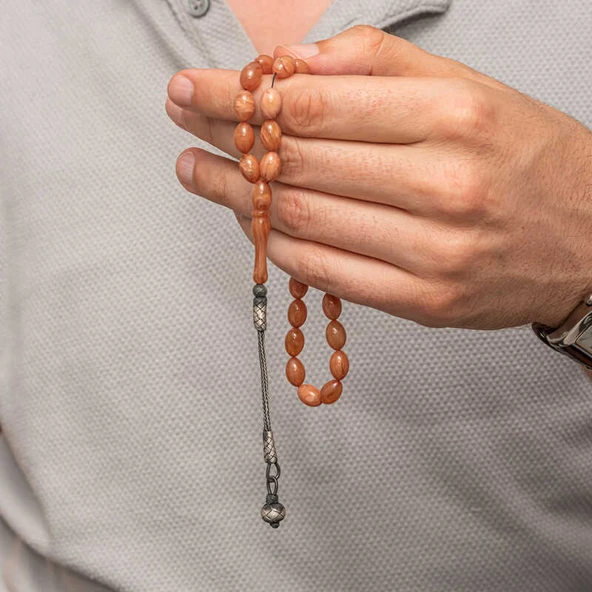 Gümüş Top Kazaz Püsküllü Sıkma Kehribar Tesbih - Resim 3