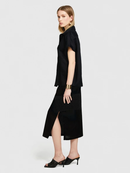 %100 Keten Düğmeli Göğüs Cepli Kısa Kollu Gömlek Kadın Siyah Gömlek - 324P5BMLLQ042 - Resim 6