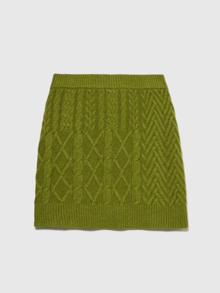 Yün Karışımlı Yüksek Bel Aran Motif Örgü Triko Mini Etek Kadın Yeşil Etek - 323A17L3M0008 - Resim 5
