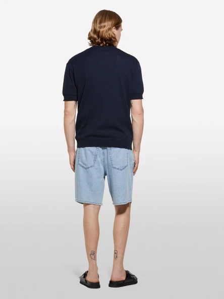 Sisley   %100 Pamuk Büzgü İpli Normal Bel Denim Şort Erkek Mavi Denim Şort - 325P44C1S901A - Resim 6