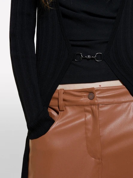 Sisley   Viskoz Karışımlı Önü Metal Kopça Kapamalı Uzun Hırka Kadın Siyah Hırka - 324A1WTHM6021 - Resim 5