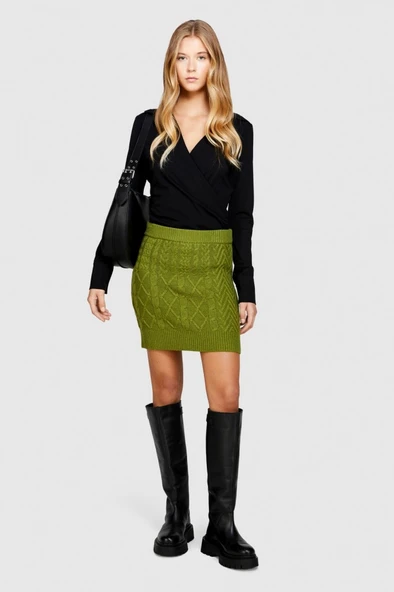 Yün Karışımlı Yüksek Bel Aran Motif Örgü Triko Mini Etek Kadın Yeşil Etek - 323A17L3M0008 - Resim 11