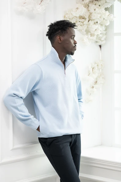 Regular Fit Fermuarlı Dik Yaka Pamuklu Selanik Kumaş Yan Cepli Kazak - Resim 2