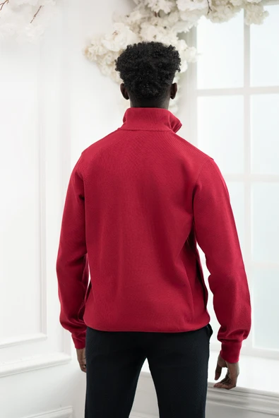 Regular Fit Fermuarlı Dik Yaka Pamuklu Selanik Kumaş Yan Cepli Kazak - Resim 11