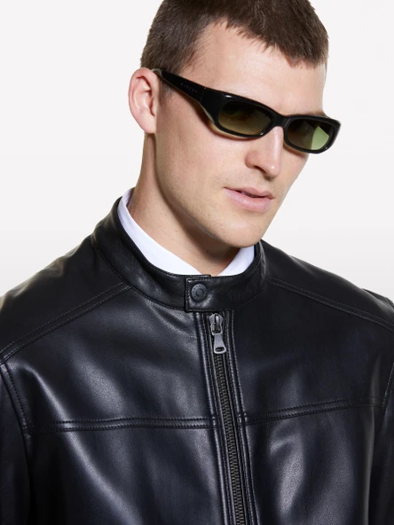 Sisley   Yanları Cepli Fermuarlı Dar Kesim Suni Deri Ceket Erkek Siyah Ceket - 324A2KLSSN036 - Resim 6