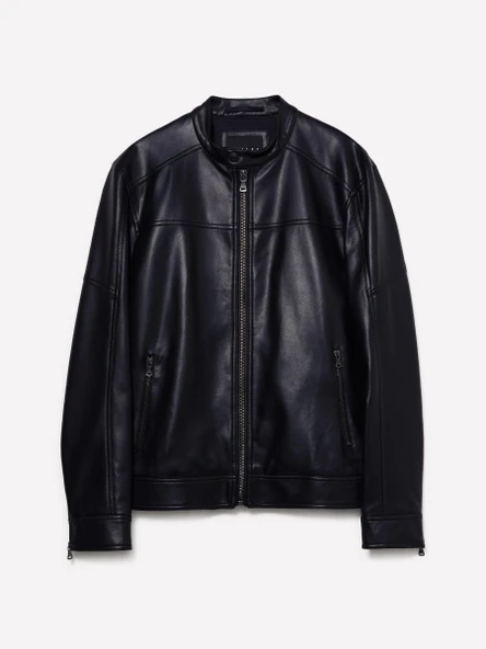 Sisley   Yanları Cepli Fermuarlı Dar Kesim Suni Deri Ceket Erkek Siyah Ceket - 324A2KLSSN036 - Resim 5