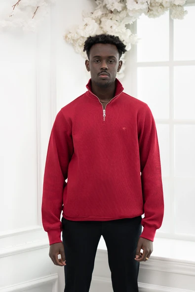 Regular Fit Fermuarlı Dik Yaka Pamuklu Selanik Kumaş Yan Cepli Kazak - Resim 10