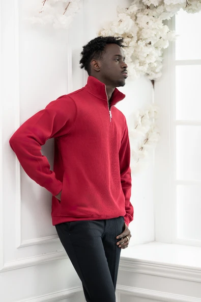 Regular Fit Fermuarlı Dik Yaka Pamuklu Selanik Kumaş Yan Cepli Kazak - Resim 8