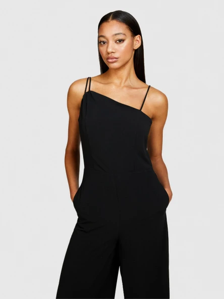 İnce Askılı Önü Asimetrik Detaylı Palazzo Tulum Kadın Siyah Tulum - 324P41AYLT00G - Resim 2